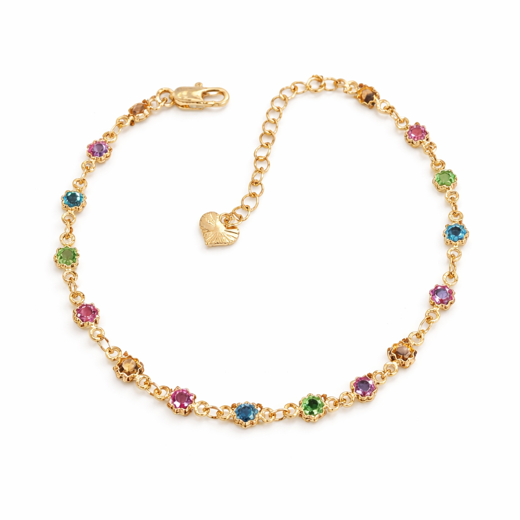 18K gold filled flower bracelet with multicolor gemstones in floral settings