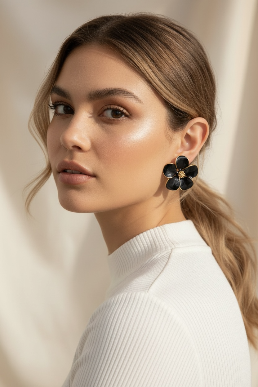 Plumeria Flower Earrings - gold plated, detail view