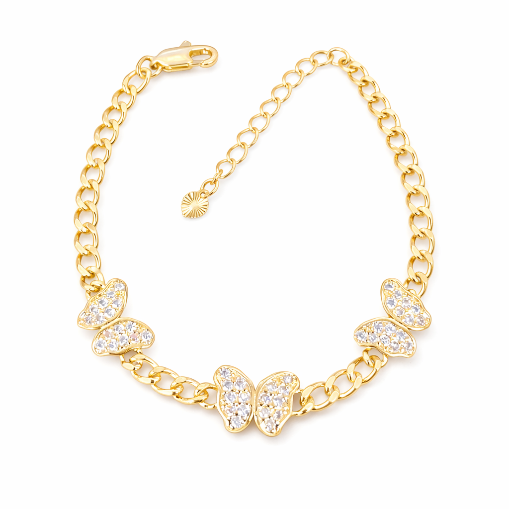 CZ Butterfly Bracelet in 18K gold filled with pave cubic zirconia butterflies