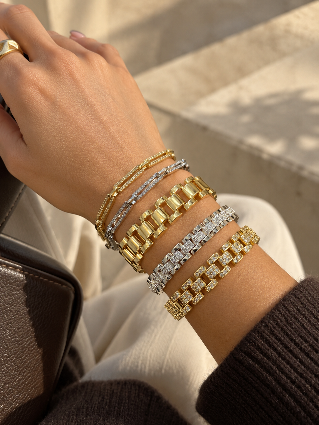 Gold CZ Link Bracelet - gold-filled, detail view