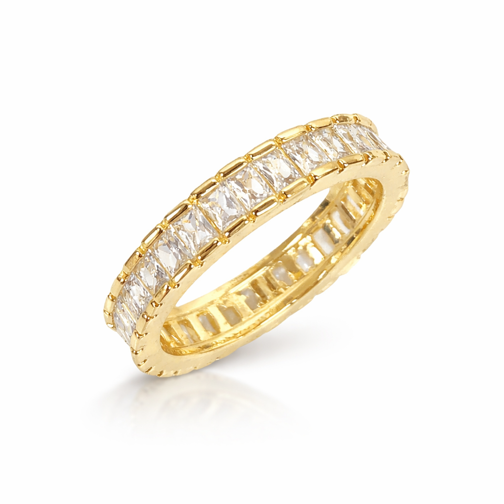 18K gold filled CZ baguette eternity ring with baguette cut stones