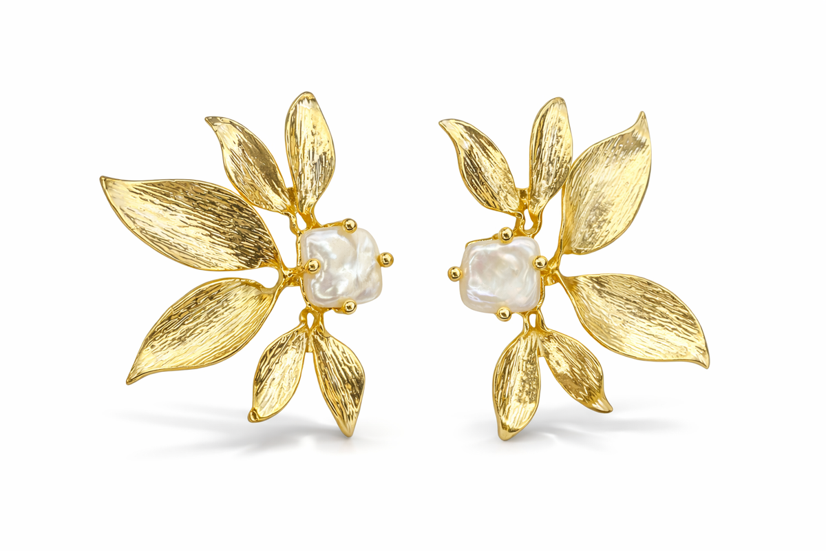Avela floral leaf earrings in gold with pearl centers