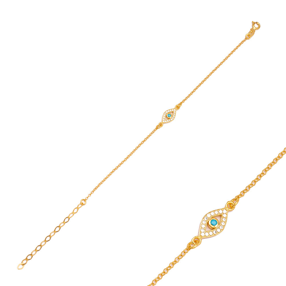 Handmade Noor evil eye bracelet in gold plated sterling silver with cubic zirconia and a turquoise center stone