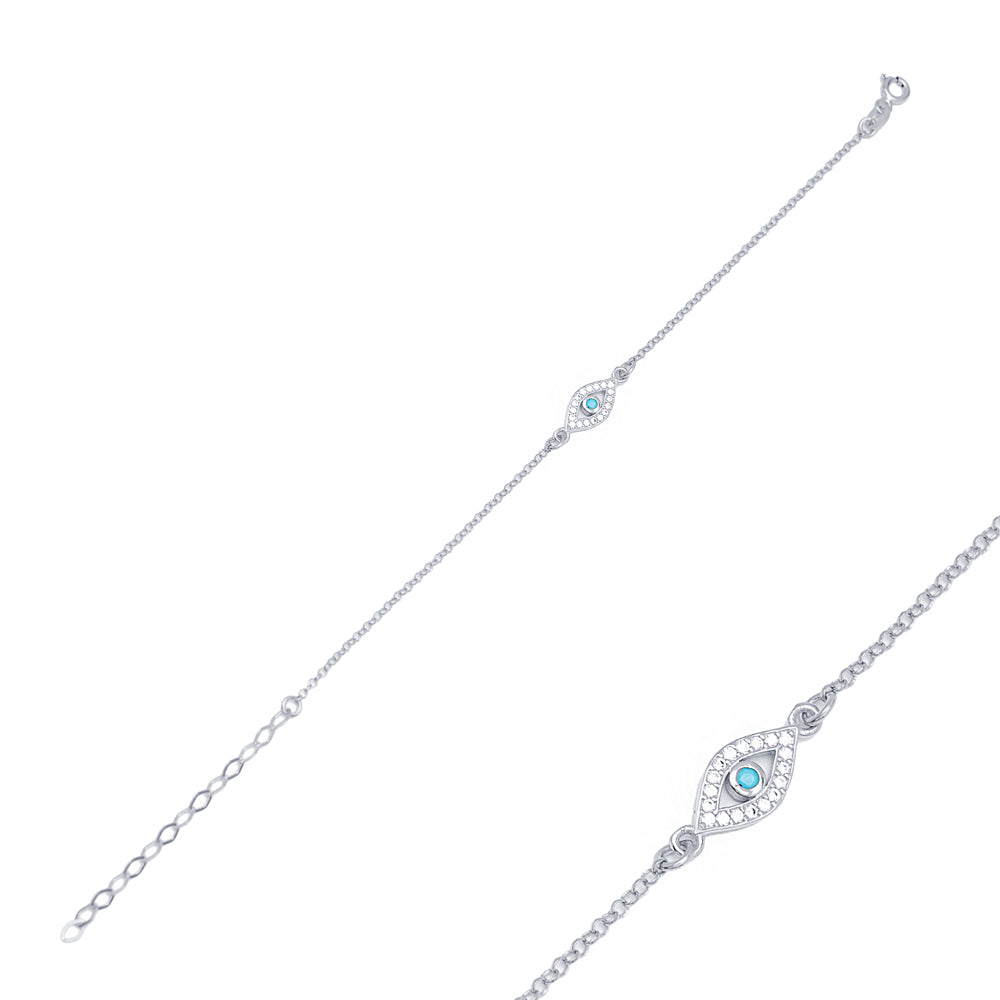Handmade Noor evil eye bracelet in silver plated sterling silver with cubic zirconia and a turquoise center stone