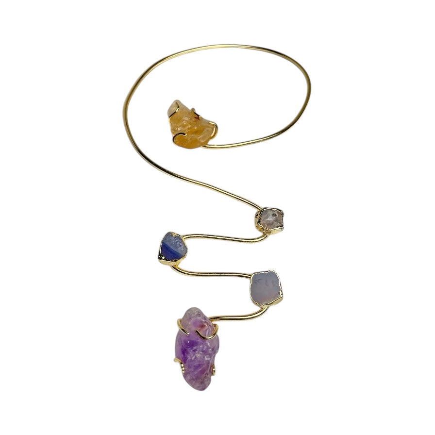 Siena handmade gold plated choker necklace with raw amethyst, agate and citrine stones on a white background